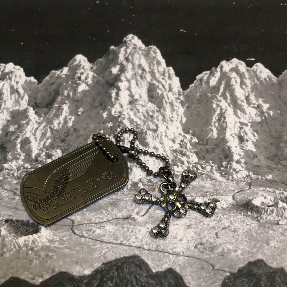 Gunmetal Dog Tag Keychain with Rhinestone Skull